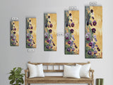 Deep Purple Pansy Flowers Against Textured Gold Background on Tall Vertical Canvas Print for Rich Floral Wall Decor