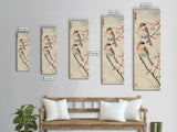 Pair of Birds on Snowy Branches, Japanese Art Framed Canvas Print, Tall and Skinny Wall Art in Ukiyo-e Style