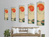 Large Red Sun Over River, Japanese Art Inspired by Ukiyo-e, Framed Canvas Print for Tall Skinny Wall Spaces