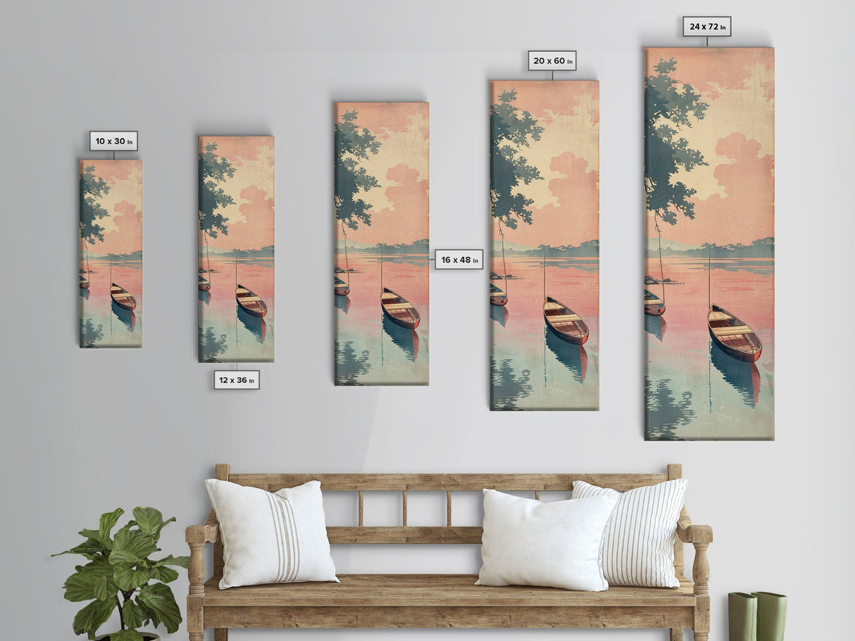 Serene Boat on Water, Autumn Trees, Japanese Art, Skinny Art, Tall Art, Framed Canvas Print, Ukiyo-e Style