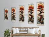 Majestic Bonsai Tree Under the Golden Sun Skinny Art Ukiyo-e Tall Framed Canvas Print with Mountain Landscape