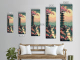 Japanese Pagoda Among Sakura Trees Under Yellow Moon Tall Art Skinny Art Framed Canvas Print Japanese Style Art Ukiyo-e Wood Block Print
