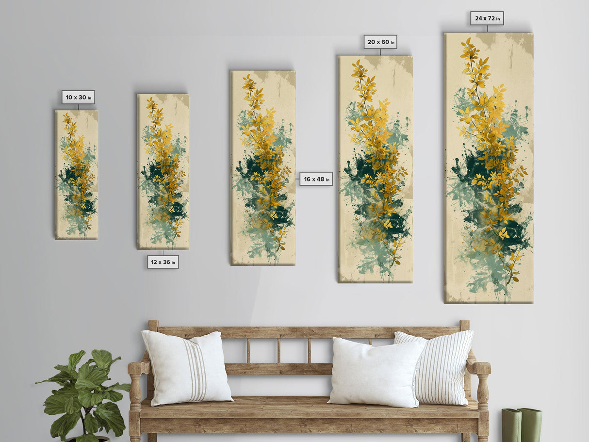Golden Foliage Set Against Green Textured Background Skinny Art Tall Art Framed Canvas Print Japanese Style Art Ukiyo-e Art Wood Block Print Natural Elegant