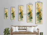 Golden Foliage Set Against Green Textured Background Skinny Art Tall Art Framed Canvas Print Japanese Style Art Ukiyo-e Art Wood Block Print Natural Elegant