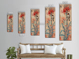 Bird Perched On Bright Red Lily Flower Skinny Art Tall Art Framed Canvas Print Japanese Style Art Ukiyo-e Art Wood Block Print Floral Detailed