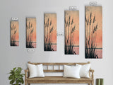 Reeds Silhouetted Against Soft Orange Sunset Skinny Art Tall Art Framed Canvas Print Japanese Style Art Ukiyo-e Art Wood Block Print Tranquil Scenic