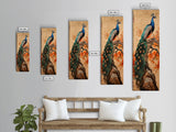 Majestic Peacock Perched On A Branch With Autumn Leaves, Skinny Art Tall Wall Art Framed Canvas Print Japanese Style Art