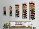 Seven Japanese Fans In Various Colors Arranged Vertically On A Textured Background, Skinny Art Tall Wall Art Framed Canvas Print Japanese Style Art