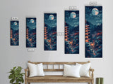 Peaceful Japanese Temple And Pagoda Under A Full Moon, Skinny Art Tall Wall Art Framed Canvas Print Japanese Style Art