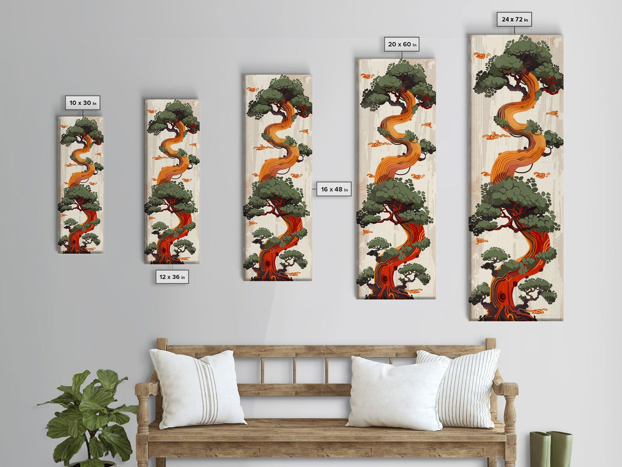 Curved Tree With Green Foliage Ukiyo-e Art Japanese Style Framed Canvas Print Wood Block Print Skinny Art Tall Art