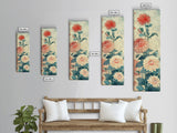 Chrysanthemums in Soft Pastel Tones on Tall Skinny Framed Canvas Print, Japanese Art Wall Decor