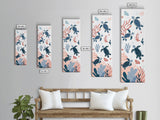Swimming Sea Turtles with Coral, Tall Framed Canvas Print in Japanese Ukiyo-e Style Wall Art