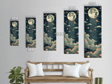 Moonlit Night With Japanese Lanterns Art On Framed Canvas Print In Ukiyo-e Style Tall Skinny Ethereal Wood Block Wall Decor