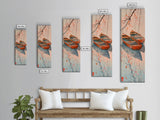 Two Wooden Boats Water Cherry Blossoms Reflected Japanese Style Tall Wall Art Skinny Framed Canvas Print