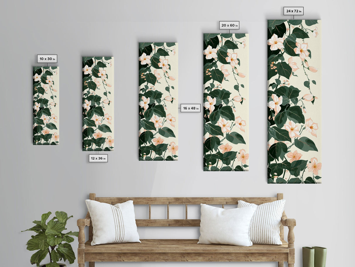 Creamy White Blossoms with Deep Green Leaves Overlapping on a Soft Background Ukiyo-e Art Japanese Framed Canvas Print Skinny Tall Art