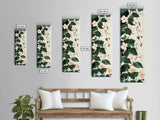 Creamy White Blossoms with Deep Green Leaves Overlapping on a Soft Background Ukiyo-e Art Japanese Framed Canvas Print Skinny Tall Art