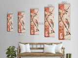 Japanese Bird Art Skinny Wall Art Framed Canvas Print Perched Bird on Branch with Cherry Blossoms and Petals in Soft Pastel Colors