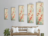 Cherry Blossom Japanese Art Skinny Wall Art Framed Canvas Print in Light Pastel Colors on Branch Against Subtle Green Background