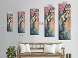 Japanese Garden Tree Skinny Wall Art Framed Canvas Print with Twisting Branches and Pink Blossoms in Warm Sunset Colors