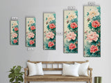 Japanese Style Art, Skinny Art, Tall Art, Peonies In Bloom Wood Block Print Framed Canvas Print Ukiyo-e Art