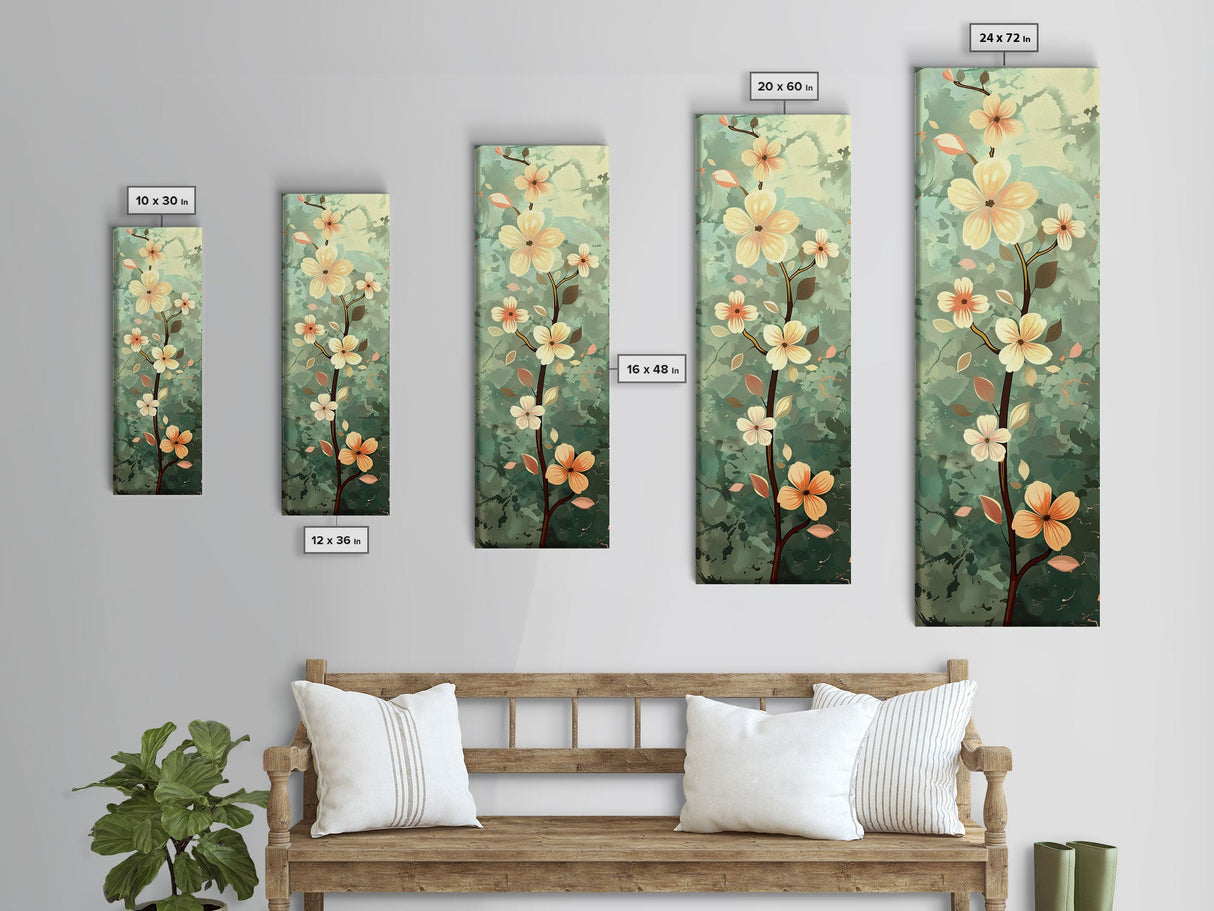 Japanese Style Art Featuring A Delicate Branch With Blooming Flowers, Skinny Art, Tall Art, Ukiyo-e Art, Framed Canvas Print, Wood Block Print