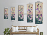 Tall Art Featuring Elegant Bellflowers In Soft Purples And Pinks Against A Muted Background, Skinny Art, Japanese Style Art, Ukiyo-e Art, Framed Canvas Print, Wood Block Print