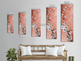 Skinny Art Tall Art Cherry Blossoms Wood Block Print Japanese Style Art With Delicate Branches On Soft Pink Background Framed Canvas Print