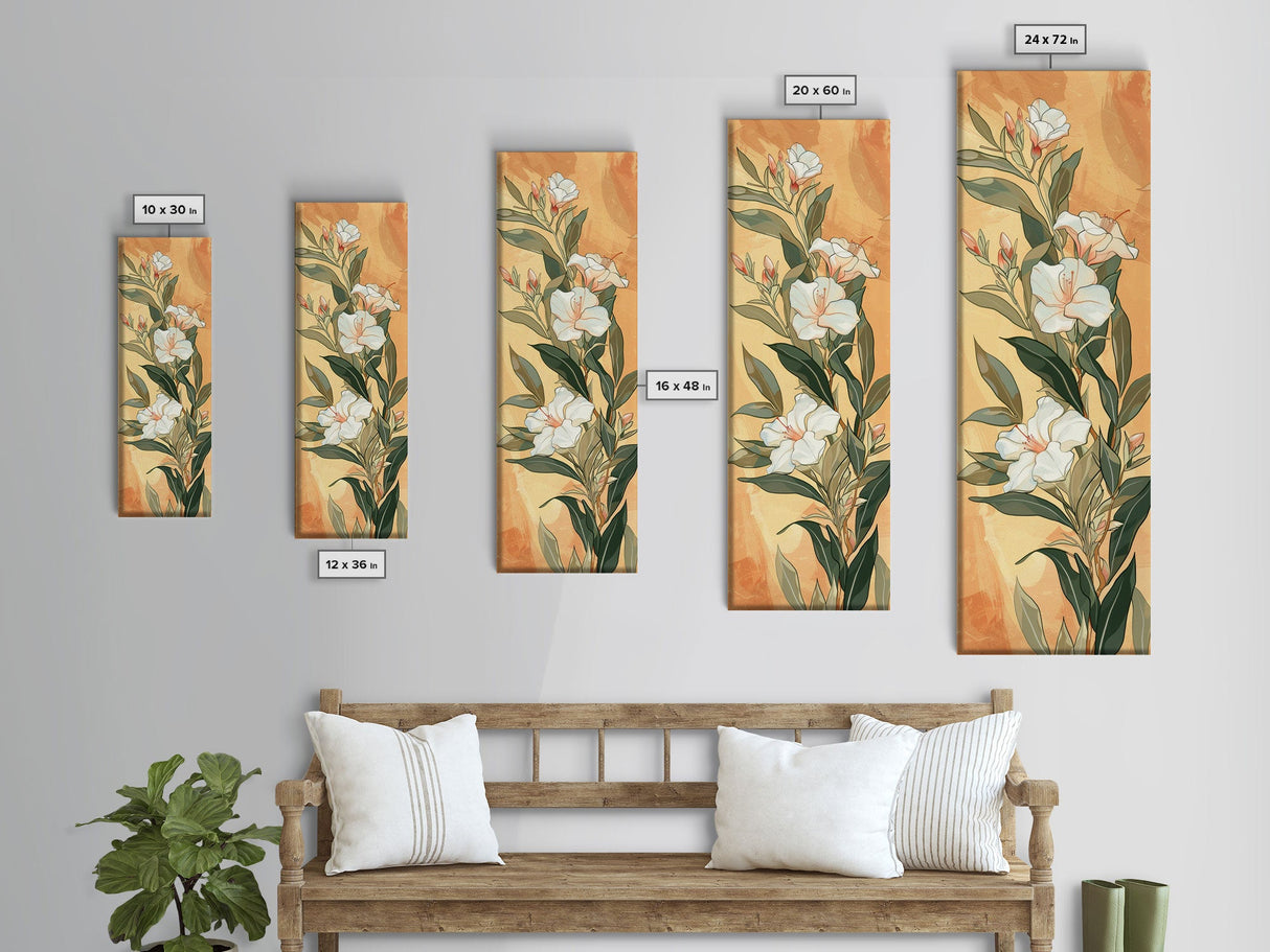 Skinny Art Tall Art Elegant White Flowers Wood Block Print Japanese Style Art Delicate Blooms On Soft Background Framed Canvas Print