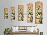 Skinny Art Tall Art Elegant White Flowers Wood Block Print Japanese Style Art Delicate Blooms On Soft Background Framed Canvas Print