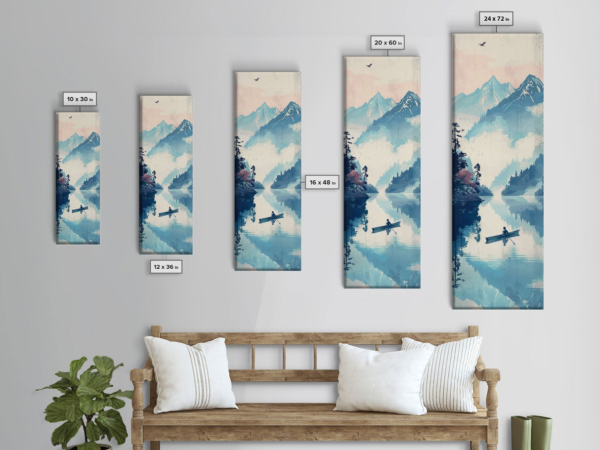 Serene Rowboat On A Misty Lake With Mountains – Framed Canvas Print Showcasing Skinny Art With Ukiyo-E Art And Japanese Style Art Tall Art