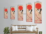 Elegant Crane Bird In Mid-flight Against Bold Red Sun Ukiyo-e Tall Skinny Wood Block Framed Canvas Print Japanese Style Art