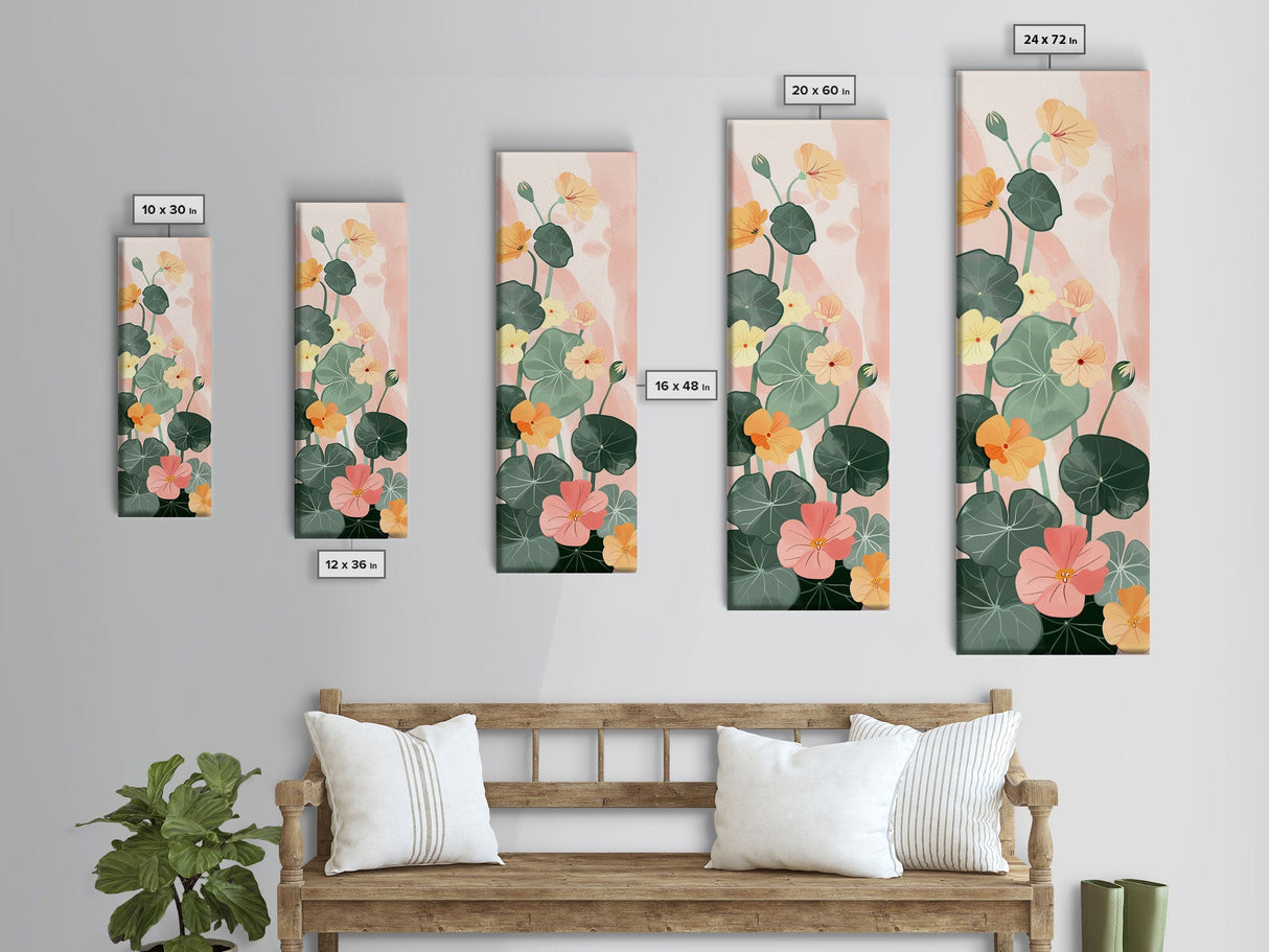 Bright And Colorful Nasturtium Flowers Ukiyo-e Style Tall Skinny Wood Block Japanese Art Framed Canvas Print