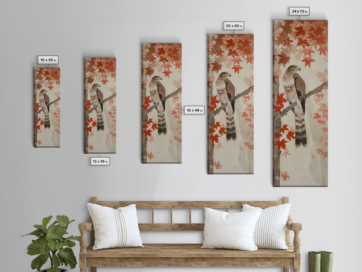 Majestic Hawk Perched Among Autumn Leaves, Framed Canvas Print In Skinny Tall Style, Japanese Style Art For Feng Shui Wall Art