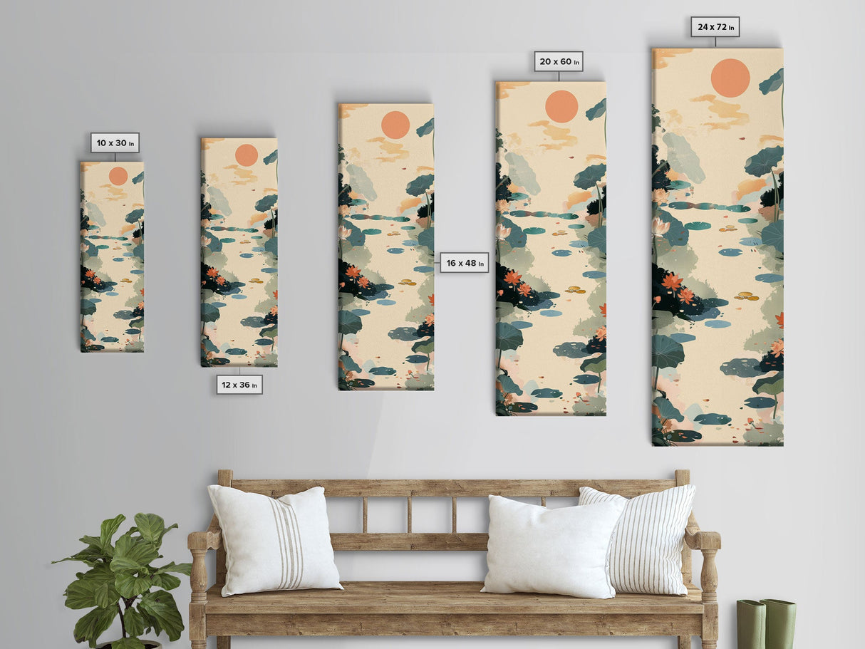 Tranquil Pond With Lotus Flowers And Leaves In Japanese Style Ukiyo-e Art Framed Canvas Print Skinny Art Tall Art