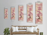 Tall Skinny Art Japanese Style Wood Block Print Potted Bonsai Tree On A Textured Background In Ukiyo-e Style For Framed Canvas Print