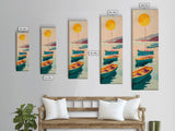 Rowboats And Golden Sun On Calm Water Skinny Art Wood Block Print Japanese Style Art Framed Canvas Print Tall Art Ukiyo-e Art