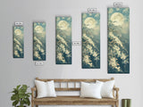 Delicate White Flowers and Full Moon in a Tranquil Night Setting - Skinny Art, Japanese Wall Decor, Framed Canvas Print, Ukiyo-e Style