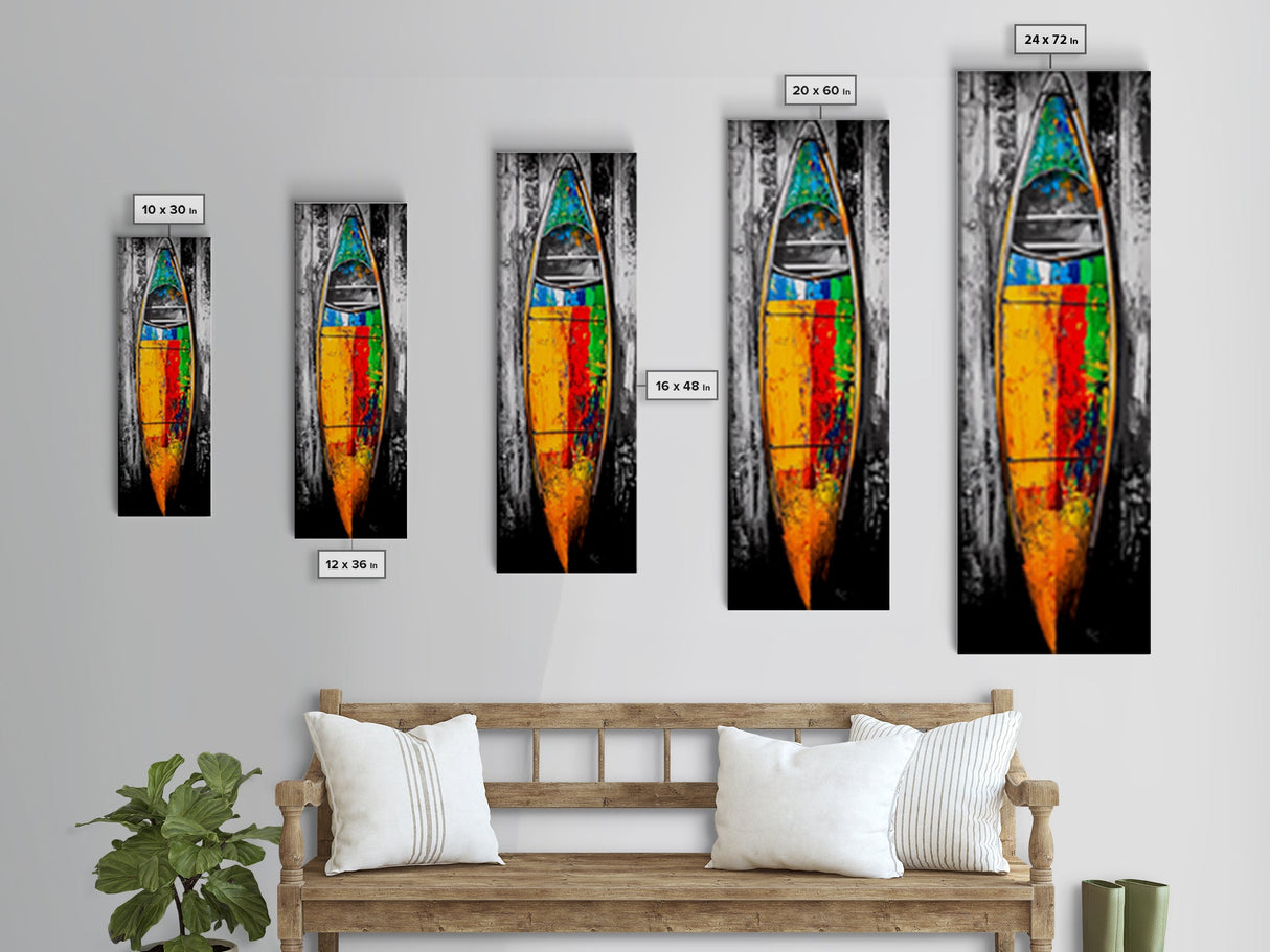 Colorful Canoe Painting Canvas Print Rustic Wall Art Nautical Decor Coastal Art Extra Wide Art Living Room Art Above Couch Art
