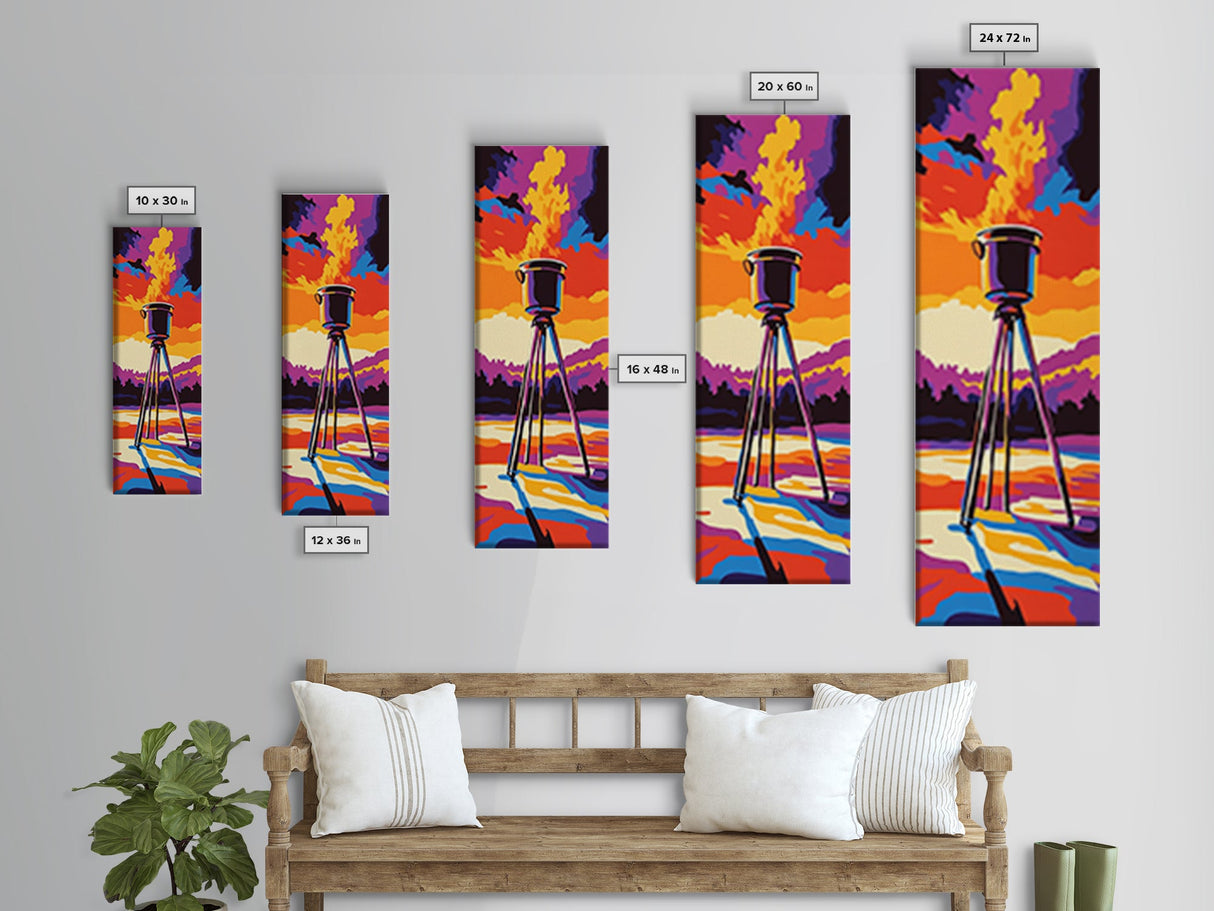 Campfire Under Sunset Framed Canvas Print Southwest Wall Art Rustic Art Moody Art Tall Skinny Art Living Room Art