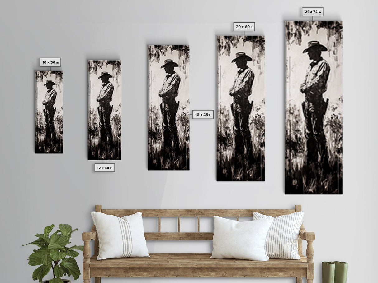 Black and White Cowboy Art Framed Canvas Print, Rustic Wall Art, Moody Art, Southwest Wall Art, Vintage Horse Art, Tall Narrow Art