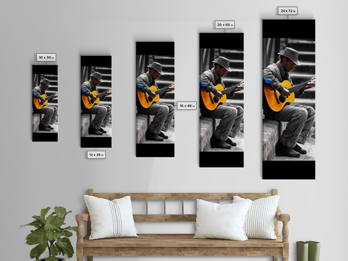 Street Musician with Guitar Framed Canvas Print | Moody Urban Wall Art | Rustic Decor | Music Art | Farmhouse Wall Art | Gift Idea
