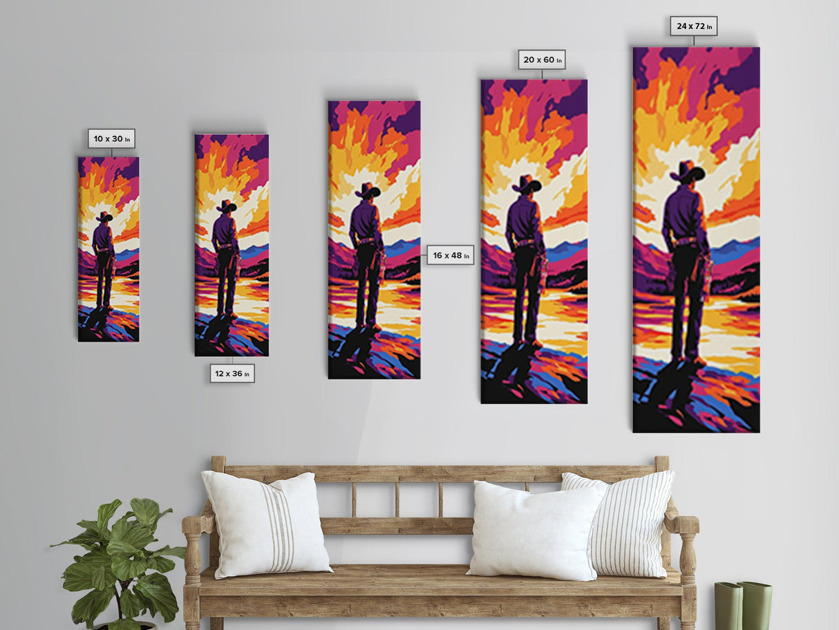 Bold Cowboy Sunset Canvas Print pink orange wall art southwest wall art extra wide art rustic decor farmhouse art tall narrow art