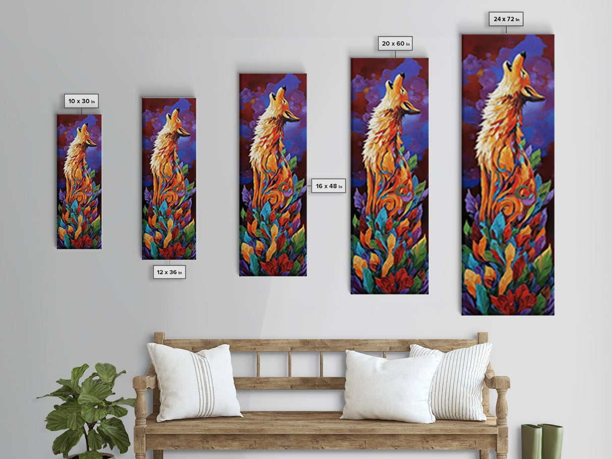 Colorful Howling Wolf Canvas Print rustic decor, long narrow wall art, wildlife painting, tall skinny art, moody art, animal wall art, whimsical art, southwest wall art, Joshua tree art