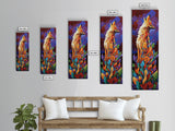 Colorful Howling Wolf Canvas Print rustic decor, long narrow wall art, wildlife painting, tall skinny art, moody art, animal wall art, whimsical art, southwest wall art, Joshua tree art