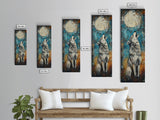 Full Moon Howling Wolf Canvas Print moody art, celestial wall art, nighttime painting, rustic decor, mountain painting, above bed wall art, blue and green wall art, bedroom art, southwest wall art