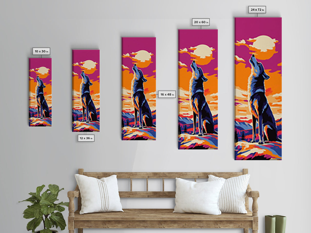 Sunset Wolf Silhouette Framed Canvas Print pink orange wall art, tall skinny art, extra wide art, landscape painting, colorful wildlife art, whimsical art, Joshua tree art, southwest wall art