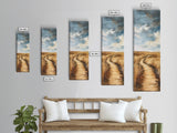 Serene Rural Path Framed Canvas Print landscape painting, farmhouse art, above couch art, rustic wall art, wabi sabi art, extra wide art, panoramic art, warm neutral wall art, barn landscape oil painting