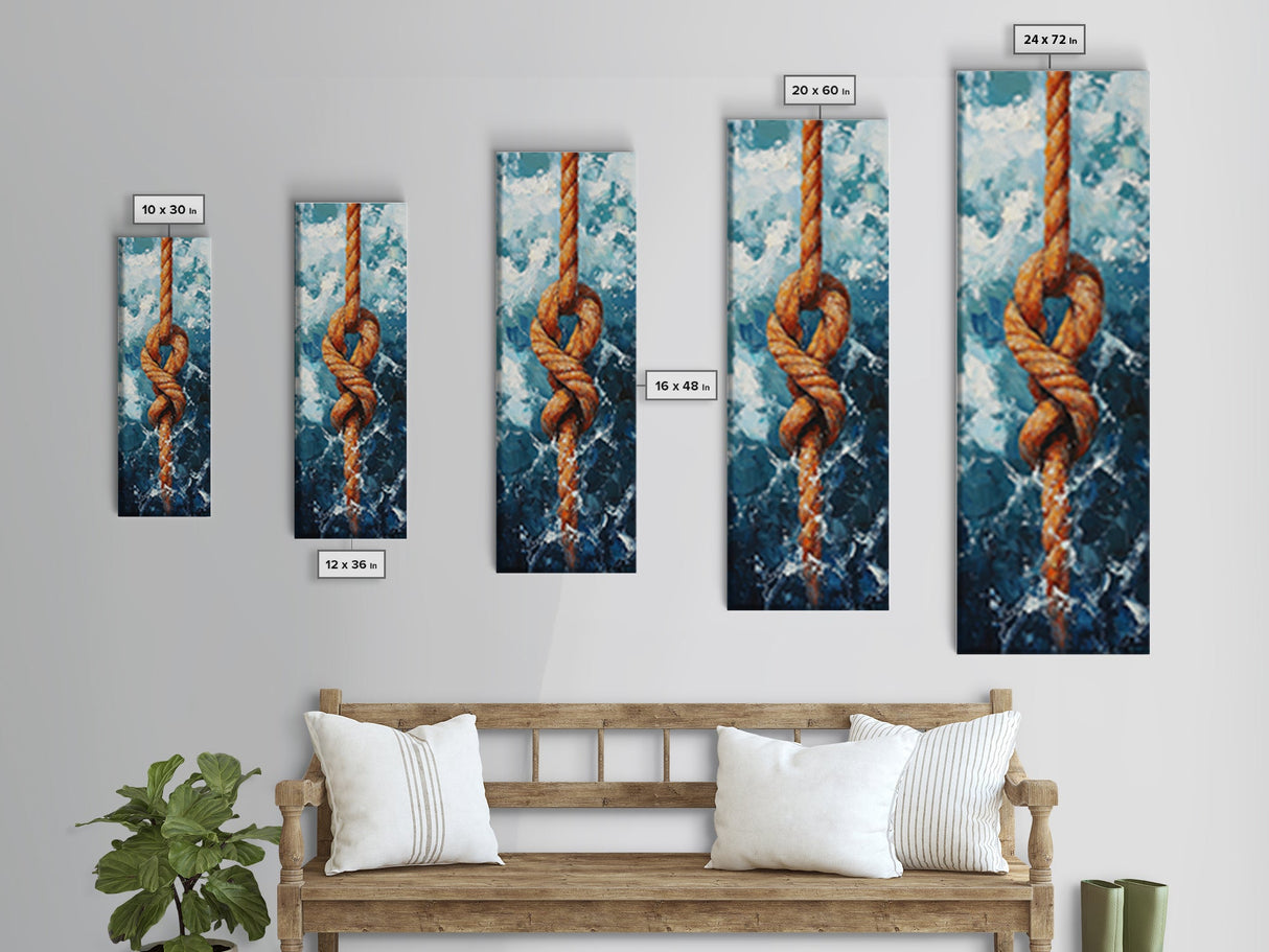 Nautical Rope Knot Painting Framed Canvas Print, Coastal Wall Art, Nautical Decor, Maritime Wall Art, Surf Wall Art, Ocean Art, Extra Wide Art, Rustic Wall Art, Moody Art, Above Couch Art, Gift Idea, Original Painting, Panoramic Art