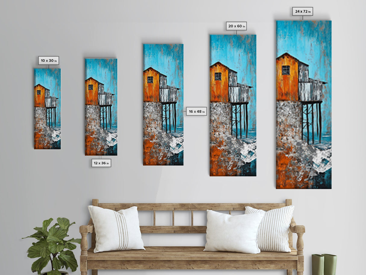 Rustic Stilt House Coastal Canvas Print Coastal Wall Art Nautical Painting Seascape Painting Blue And Green Wall Art Nautical Decor