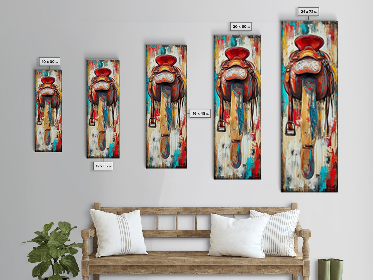 Rustic Saddle Painting Canvas Print Farmhouse Wall Art Moody Art Rustic Decor Southwest Wall Art Tall Narrow Art